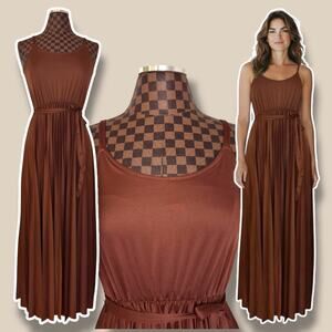 Vtg 70s Chocolate Brown Pleated Maxi Dress Size S/M Spaghetti Strap Goddess Boho